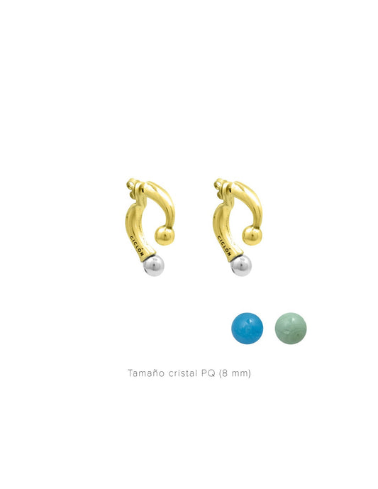 gold earrings featuring a chic design and interchangeable 12mm crystal accents in blue and green
