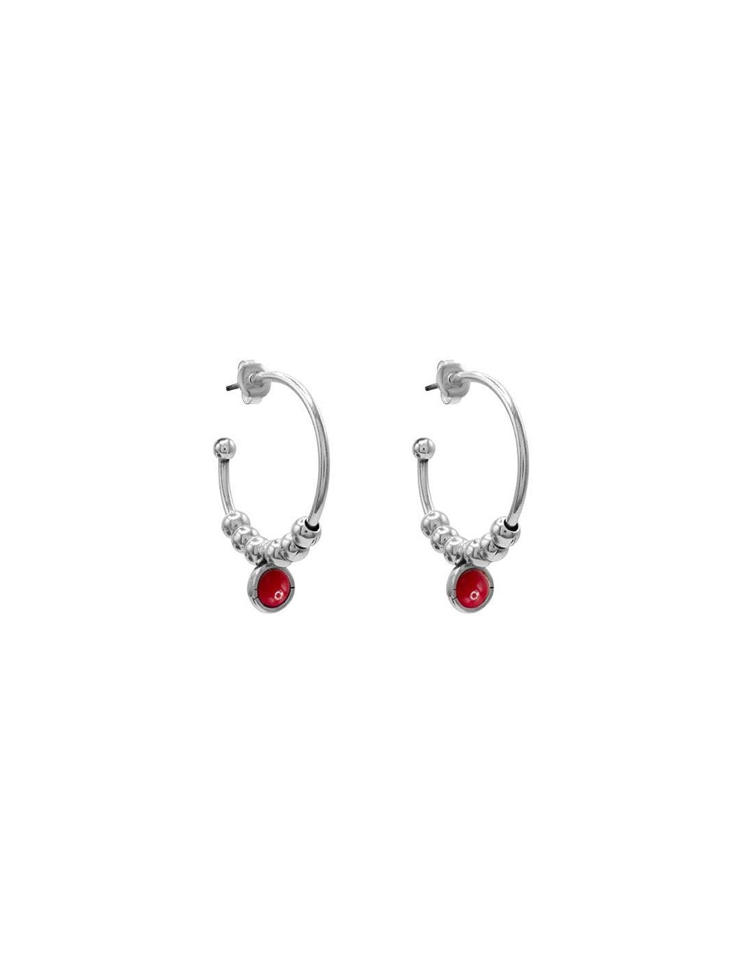 silver hoop earrings featuring red Murano glass accents