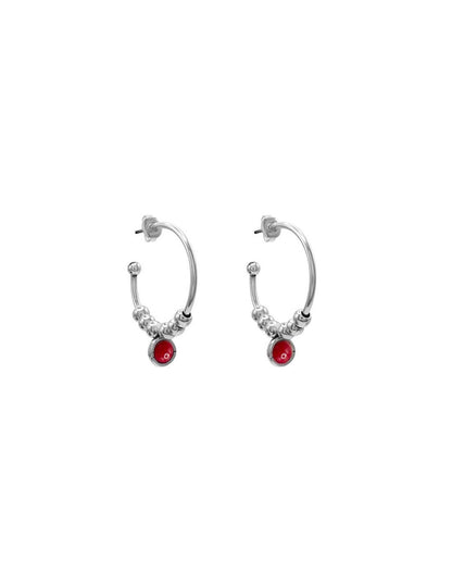 silver hoop earrings featuring red Murano glass accents