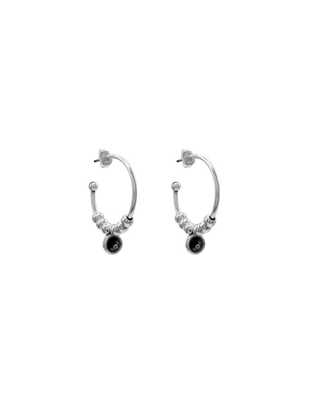 silver hoop earrings featuring black Murano glass accents