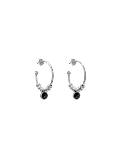 silver hoop earrings featuring black Murano glass accents