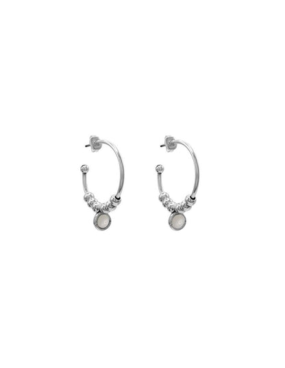 silver hoop earrings featuring white Murano glass accents