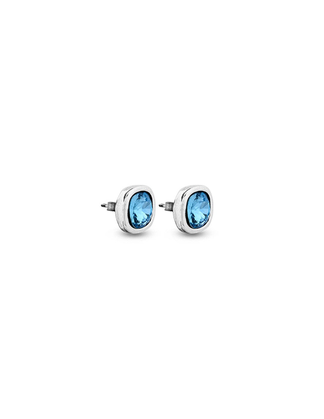 Silver earrings accented with a square-shaped blue faceted stone