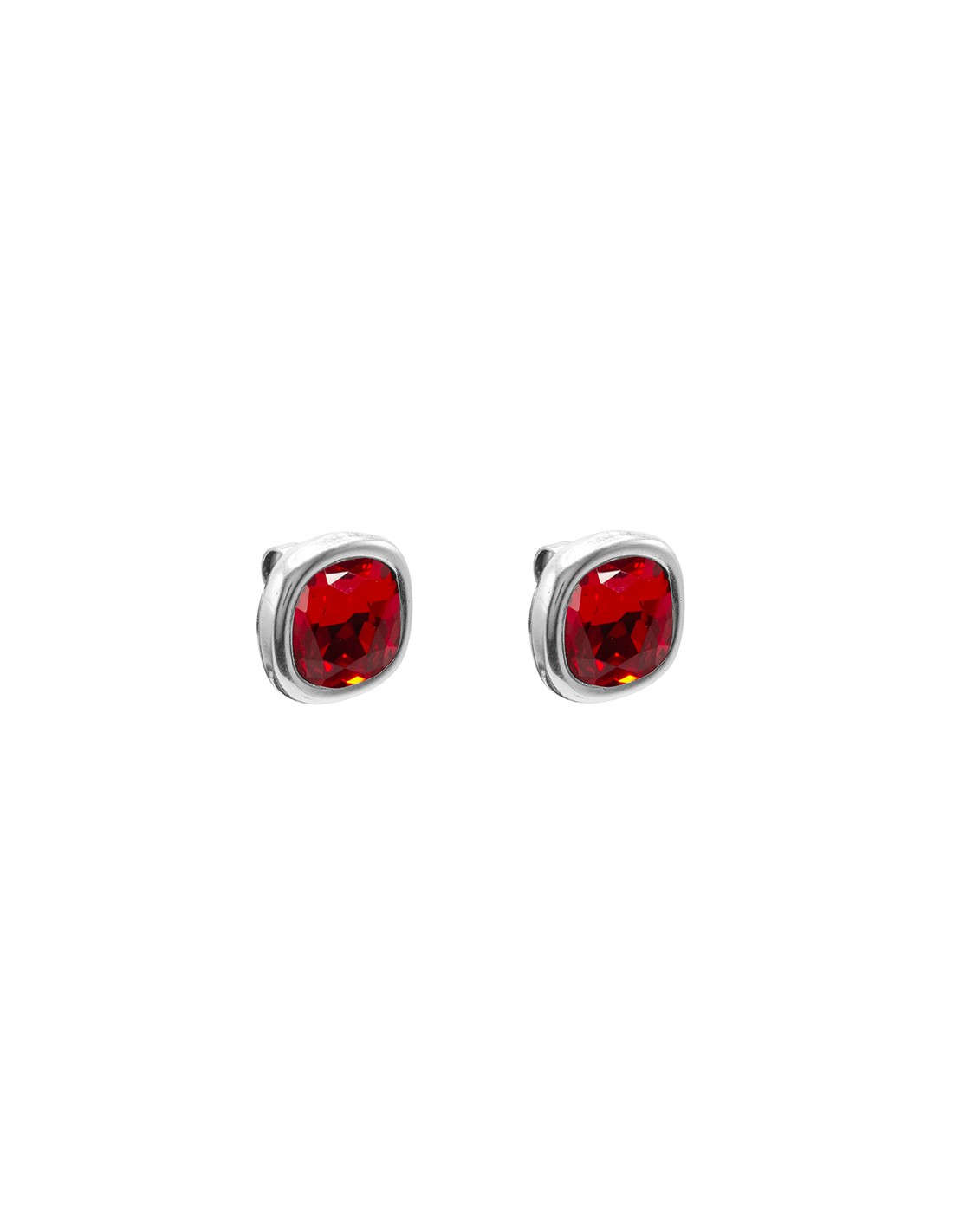 Silver earrings accented with a square-shaped red faceted stone