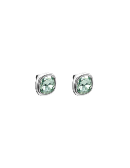 Silver earrings accented with a square-shaped green faceted stone