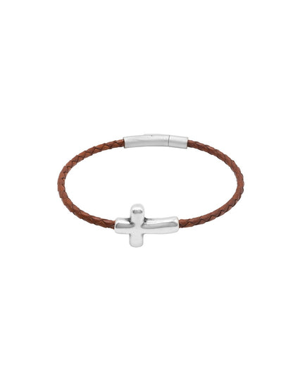 men's silver-plated bracelet 25mm cross design, mounted on brown braided leather