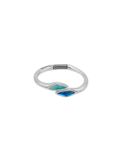 women's silver bracelet with open design adorned with vibrant green and blue accents