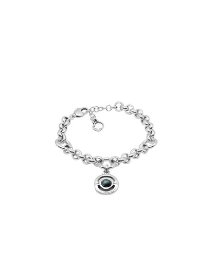 silver link bracelet featuring a rolo chain adorned with a green Murano glass charm