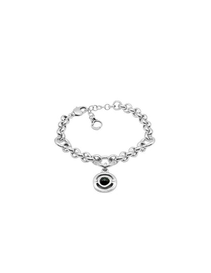 silver link bracelet featuring a rolo chain adorned with a black Murano glass charm