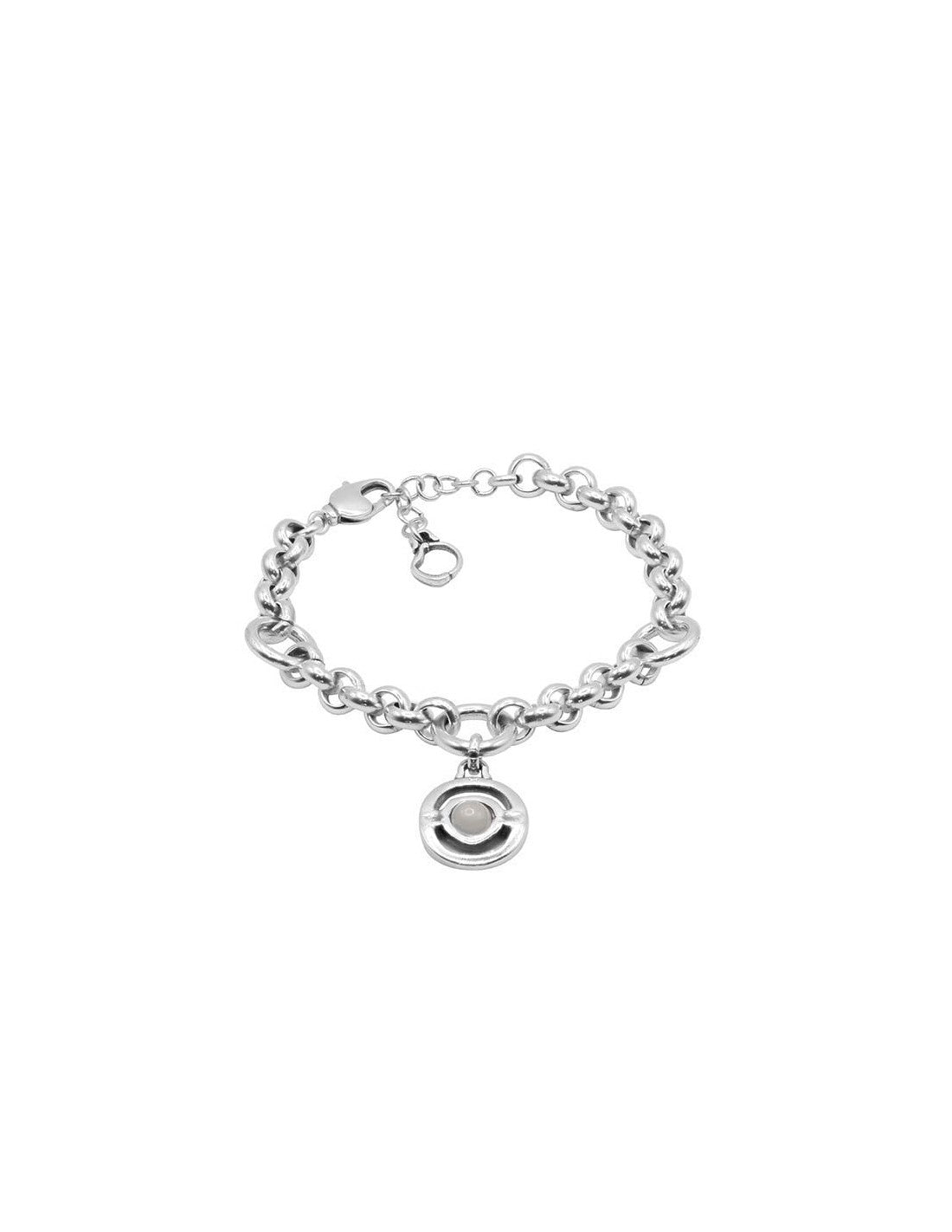 silver link bracelet featuring a rolo chain adorned with a white Murano glass charm