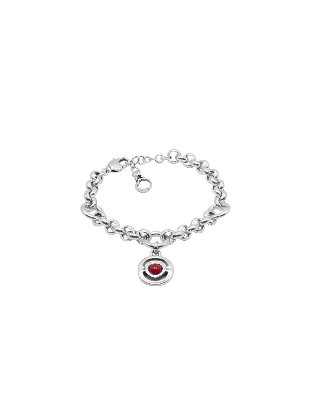 silver link bracelet featuring a rolo chain adorned with a red Murano glass charm