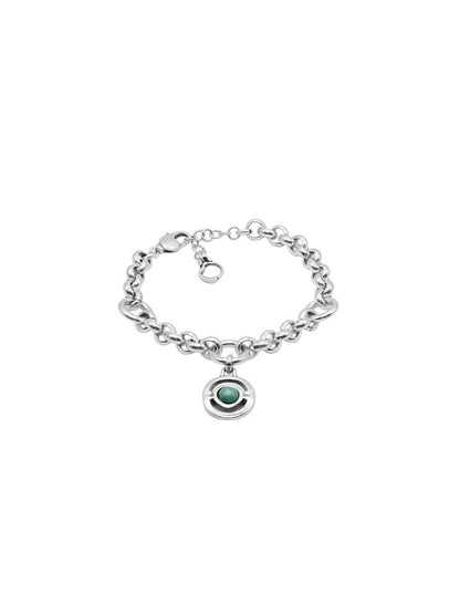 silver link bracelet featuring a rolo chain adorned with a turquoise Murano glass charm