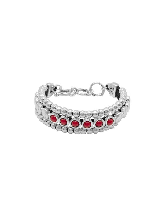 three row silver spheres set on leather bracelet, enhanced with a stunning red Murano glass accent