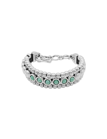 three row silver spheres set on leather bracelet, enhanced with a stunning turquoise Murano glass accent