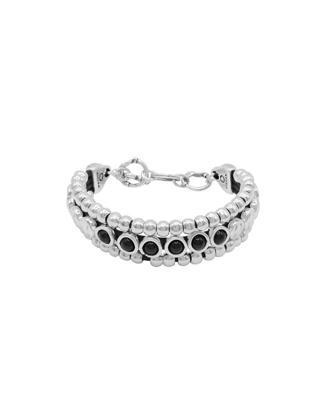 three row silver spheres set on leather bracelet, enhanced with a stunning black Murano glass accent