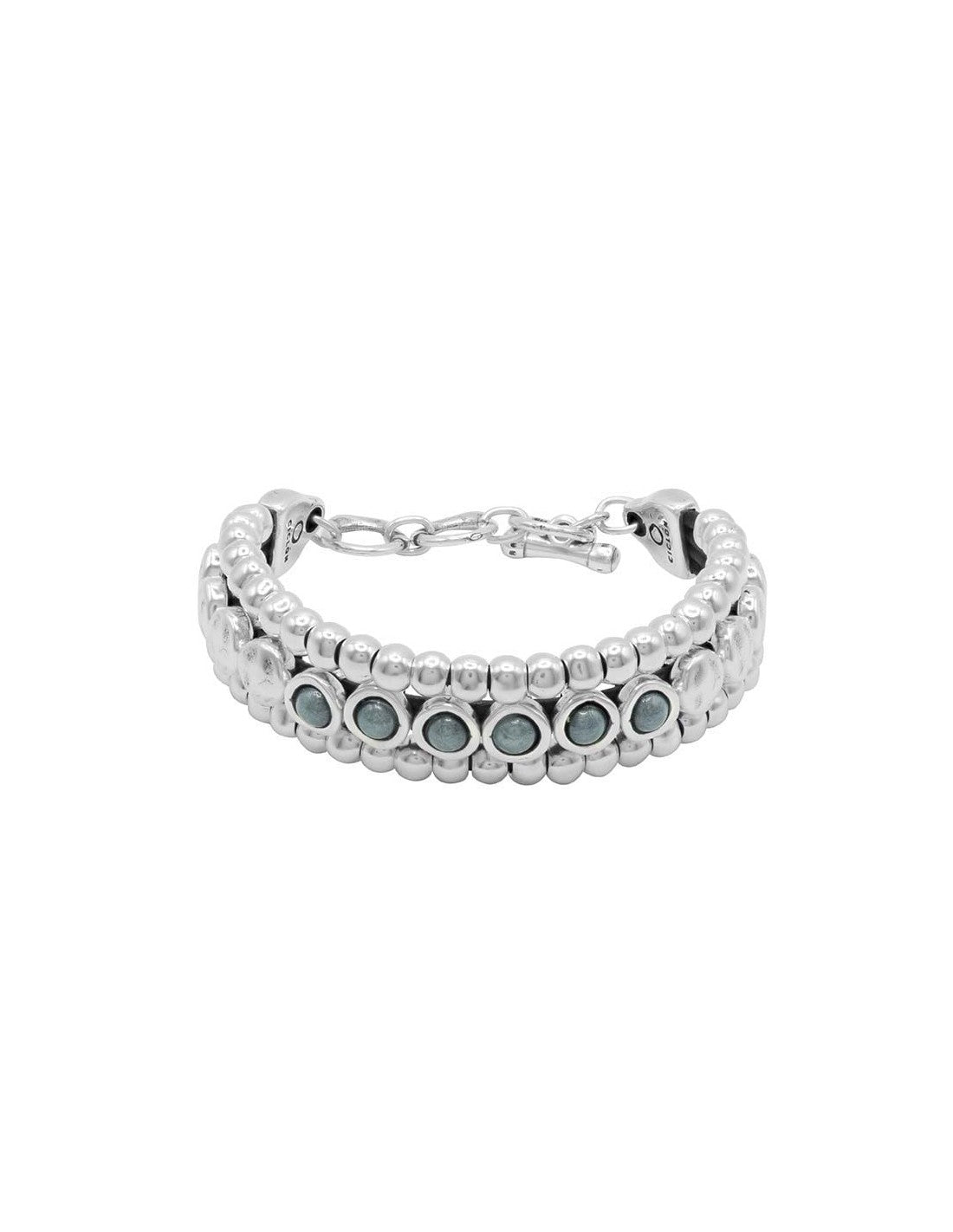 three row silver spheres set on leather bracelet, enhanced with a stunning green Murano glass accent