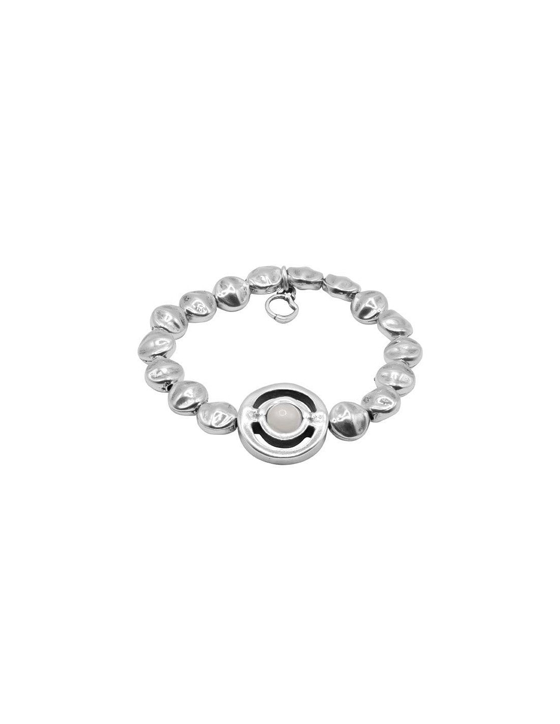 elastic silver bracelet with central motif adorned with a captivating white Murano glass sphere