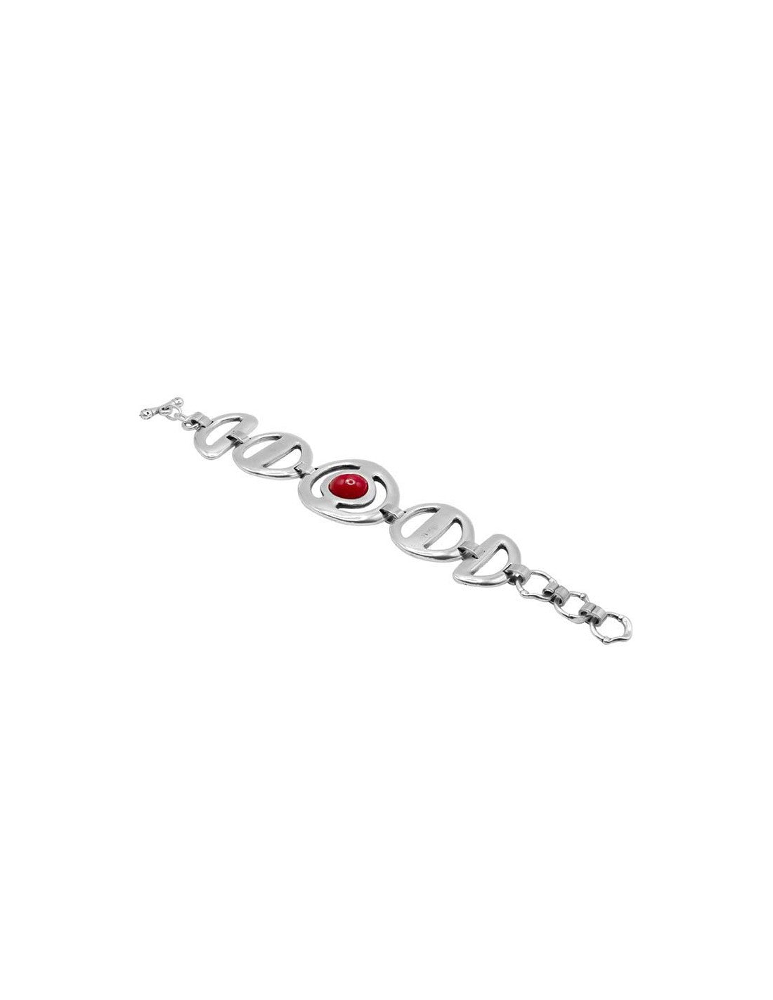 silver link bracelet with central motif decorated with red Murano glass sphere