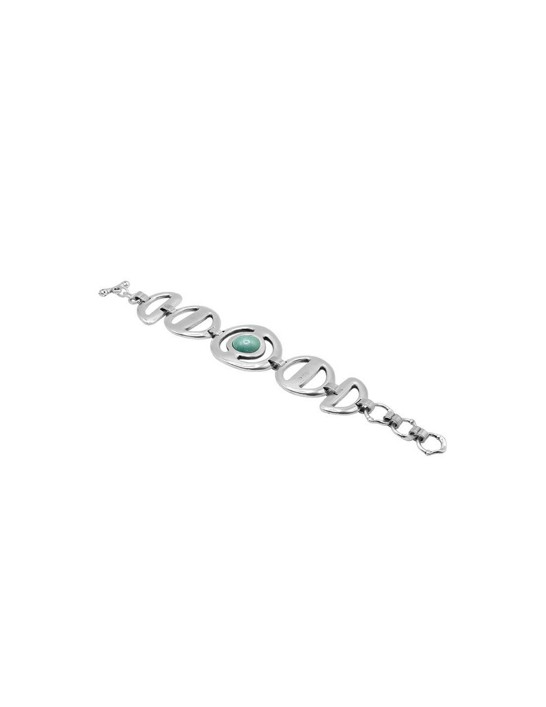 silver link bracelet with central motif decorated with turquoise Murano glass sphere