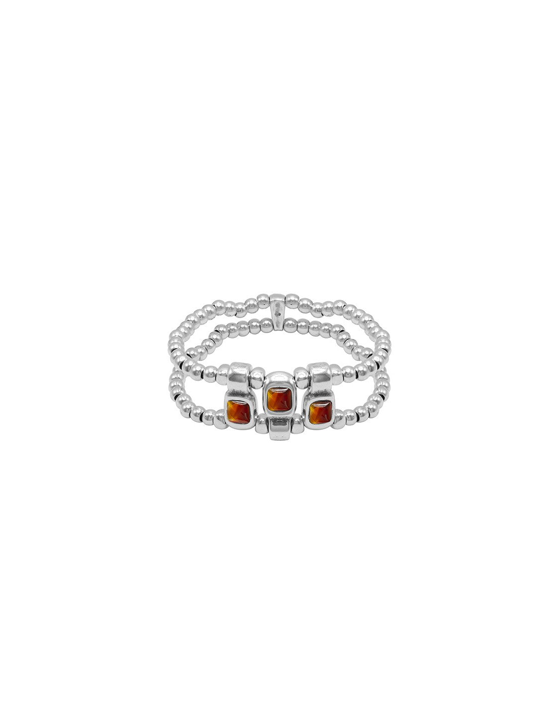 silver bracelet with beaded elastic and intricate brown Murano glass details at its center