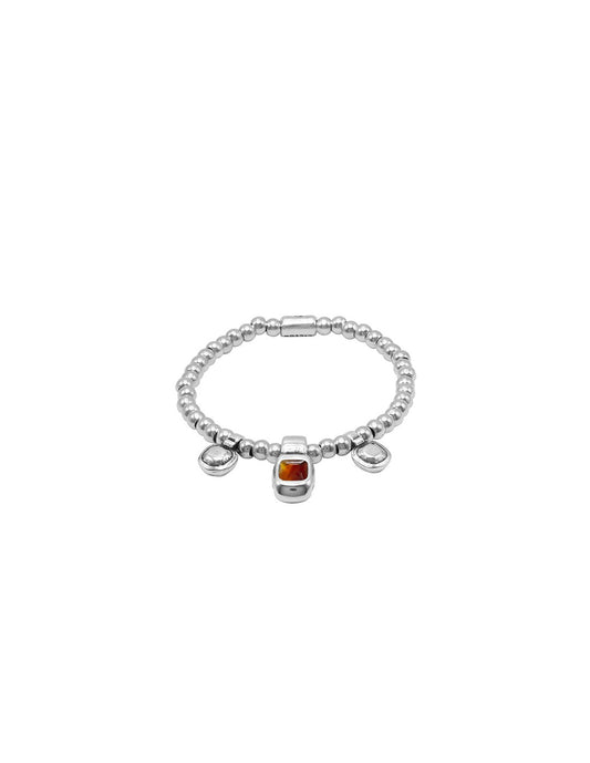 silver bracelet with beaded elastic and intricate brown Murano glass details at its center