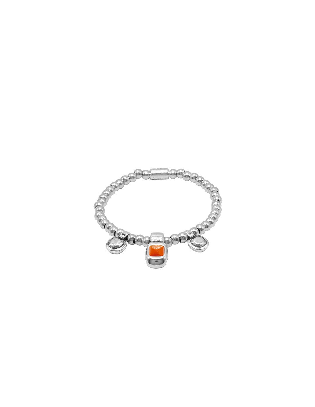 silver bracelet with beaded elastic and intricate orange Murano glass details at its center