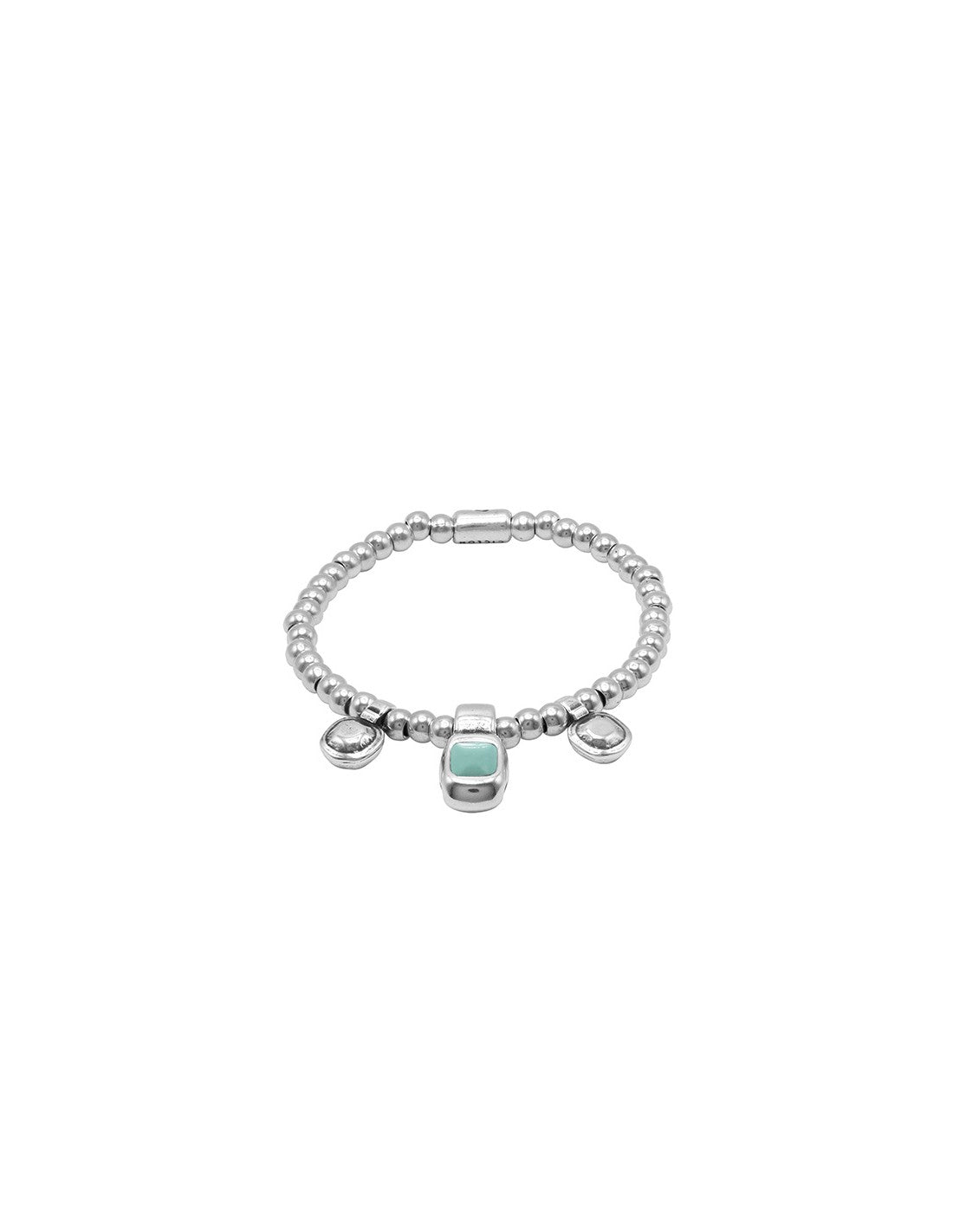 silver bracelet with beaded elastic and intricate turquoise Murano glass details at its center