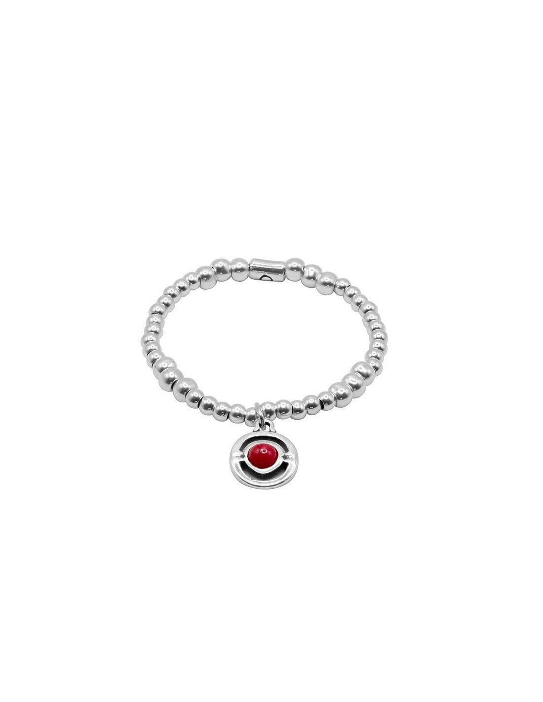 silver bracelet with hanging charm decorated with red Murano glass sphere