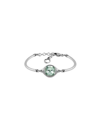 silver bracelet with faceted green square stone