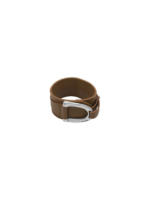 brown leather bracelet with stirrup shaped closure