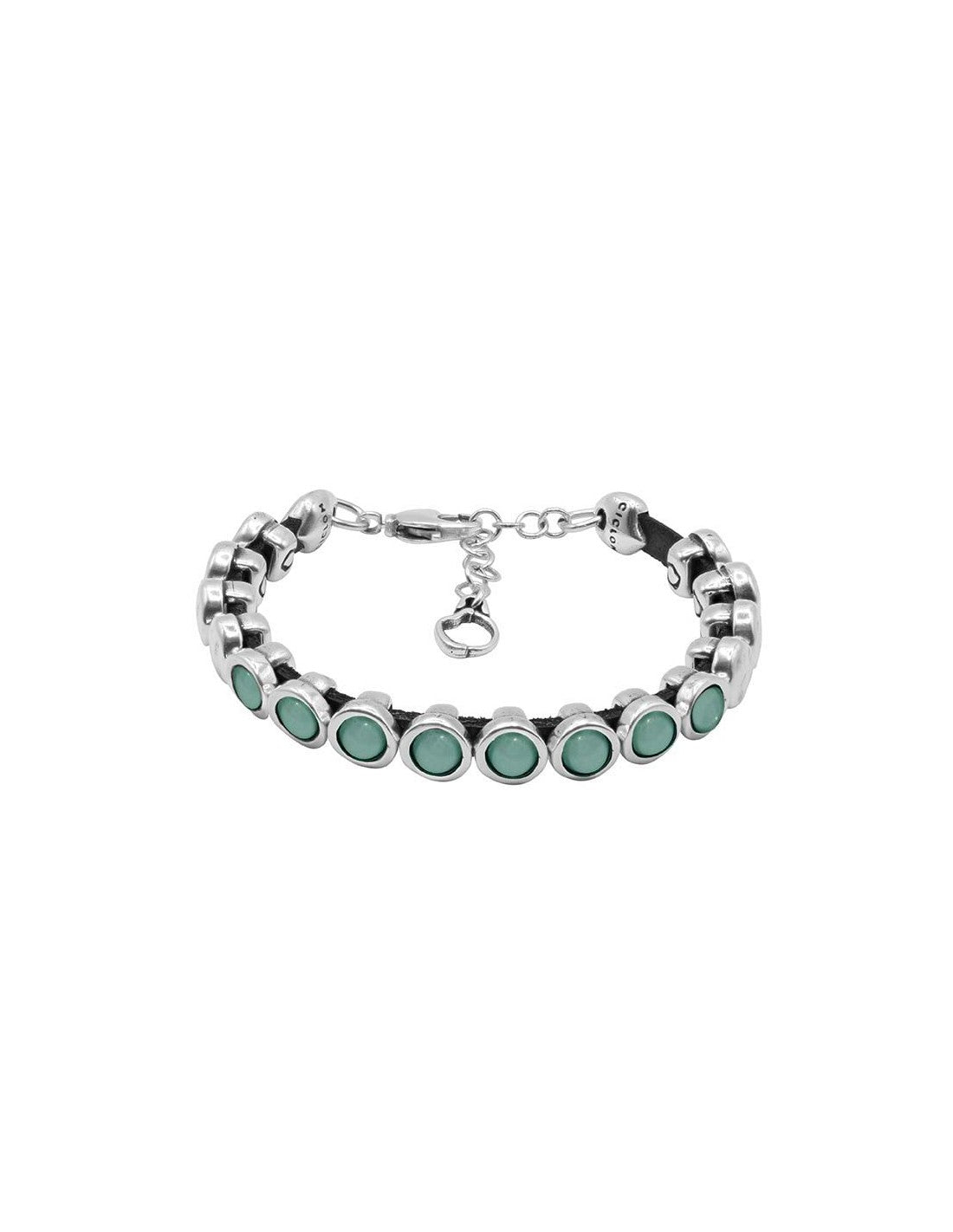 silver bracelet in a row of silver spheres set on leather, elegantly accented with turquoise Murano glass