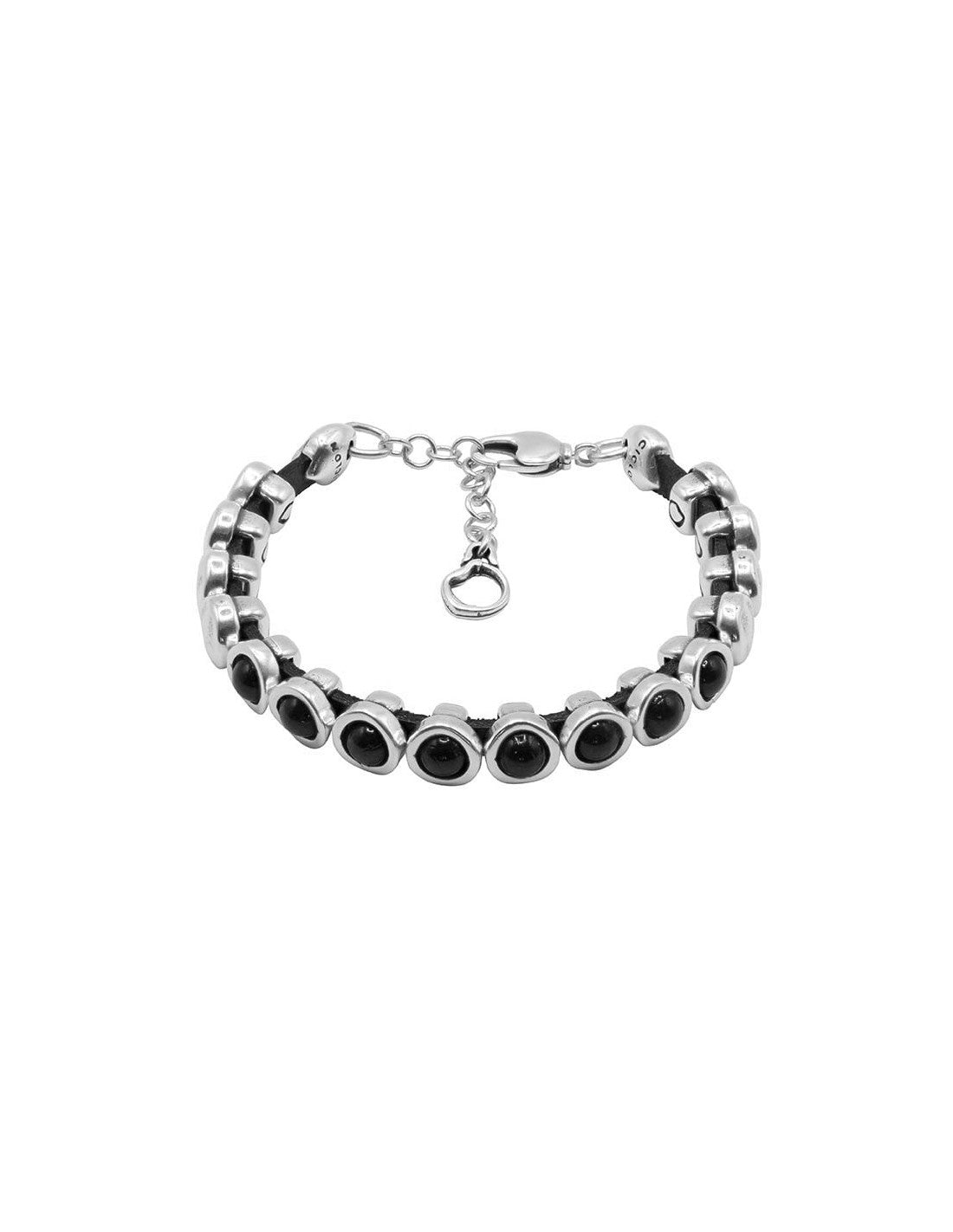 silver bracelet in a row of silver spheres set on leather, elegantly accented with black Murano glass