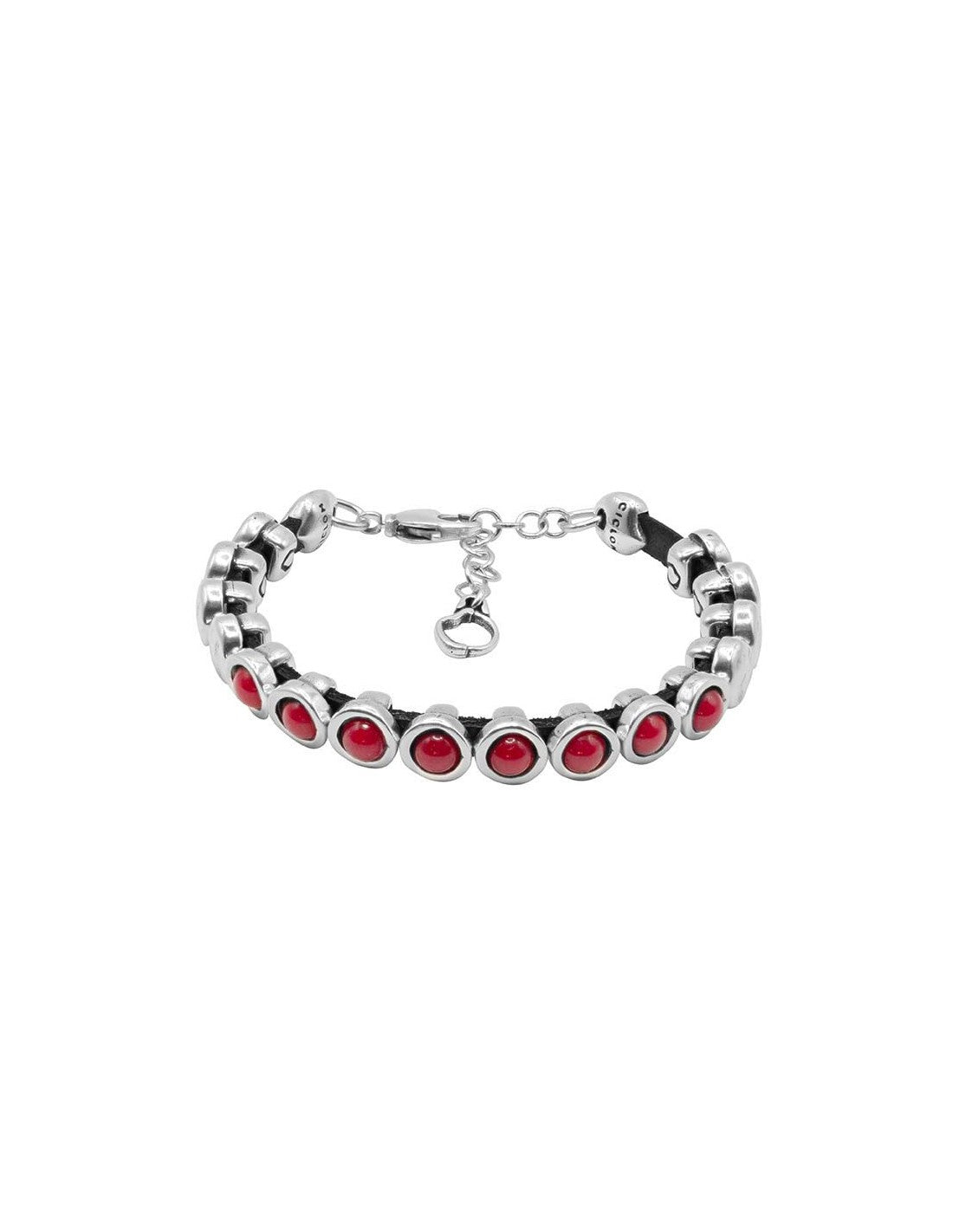 silver bracelet in a row of silver spheres set on leather, elegantly accented with red Murano glass